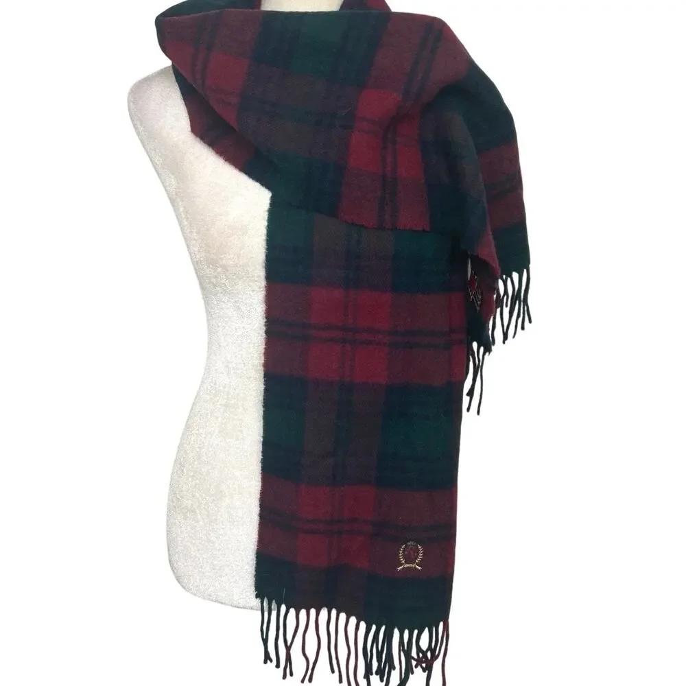 Vtg 90s Tommy Hilfiger Wool Scotland Tartan Plaid Scarf Old Money Preppy Crest